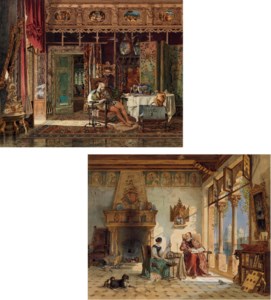 A troubadour brooding in an elaborate interior; and A priest and a woman spinning yarn in a Venetian interior