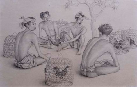 Four young Balinese with fighting cocks