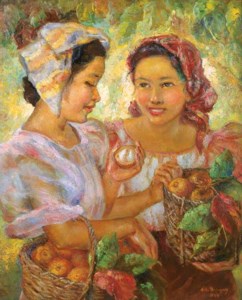 Two girls with fruit baskets