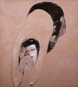 A kneeling woman