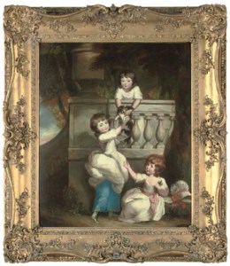 Group portrait of three children playing at a balcony in a garden, with a spaniel
