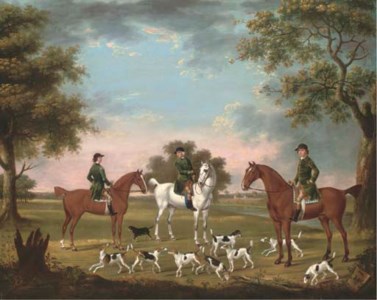 Huntsmen and hounds in a river landscape with stables beyond