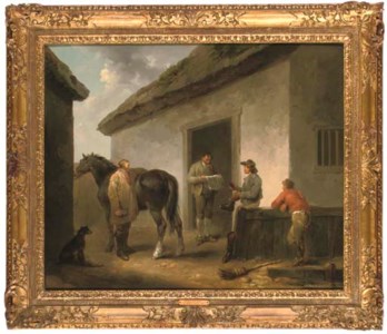 Reading the News: Horse and grooms outside a stable