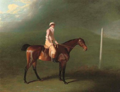Sir Charles Bunbury's bay filly with jockey up on Newmarket Heath