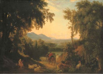 An Italianate landscape, with peasants and livestock in the foreground