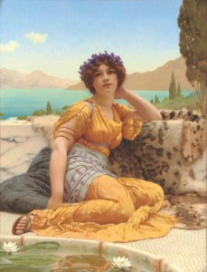John William Godward, With violets wreathed and robe of saffron hue