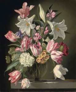 Lilies and tulips in a glass vase