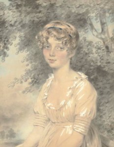 Portrait of the younger Miss Wolff as a child, half-length, seated, her hair tied with a ribbon bandeau, in a landscape beneath a tree
