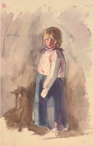 A group of five sketches including: A drawing of Mr Calmady in an interior, Mrs Calmady drawing; A young girl (illustrated); A man with a pipe; Two studies of hounds; and a green monkey