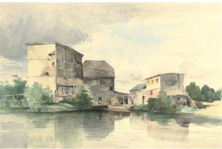 Timber buildings on a river bank
