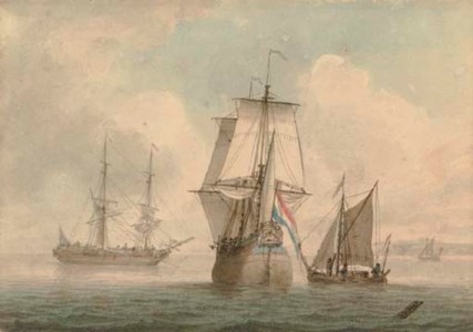Shipping becalmed off the coast