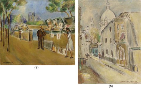 a. En el Sena signed 'VICTOR MANUEL' (lower left) oil on canvas 24 x 27½ in. (61 x 70 cm.) Painted circa 1925. b. Paris signed 'VICTOR MANUEL' (lower right) oil on canvas 24 x 18 in. (61 x 46 cm.) Painted circa 1925. Two in one lot. (2)