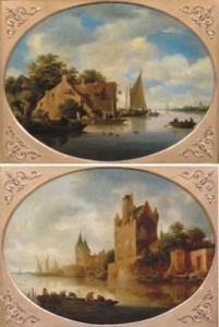 A river landscape with a boathouse with fishermen unloading a sailing vessel, a ferry nearby; and A fortified town by a river with fishermen bringing in their nets