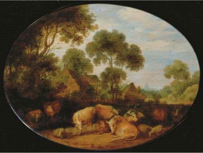 Cows and sheep resting in a wooded landscape near farmhouses, a church tower in the distance