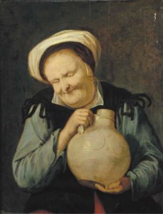 An old woman holding a stoneware vessel