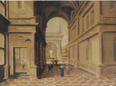 A fantastical palace with elegant figures in a portico