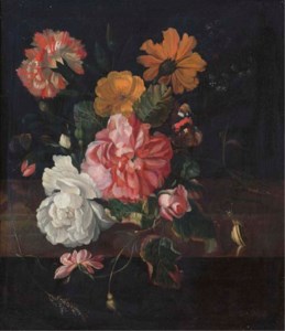 Roses with a butterfly, a bluebottle and a snail on a stone ledge