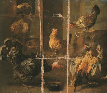 A turkey and chickens in a yard