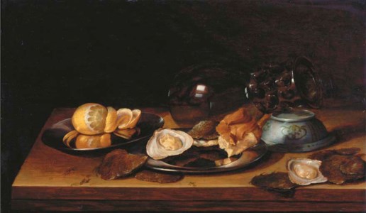 An upturned roemer and Chinese bowl, a peeled lemon, bread and oysters on silver platters, all with oysters on a wooden ledge