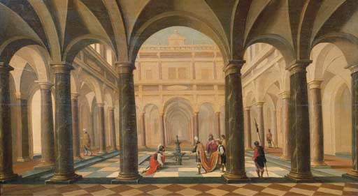 David handing Uria the letter in a classical courtyard