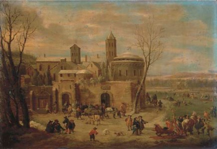 A winter landscape with figures strolling and unloading a cart outside the walls of a town, skating and sleighing on a frozen river nearby