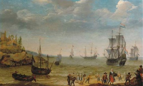 A rocky coastal scene with fisherfolk bringing in their catch, a Man-of-War and other shipping offshore