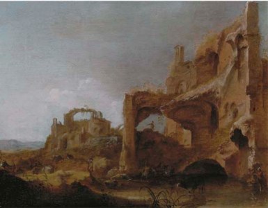An Italianate landscape with herdsmen watering cattle among classical ruins
