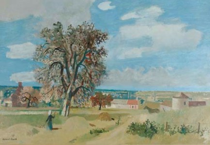 A view of a farm with a figure harvesting