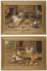 Ducks, chickens and chicks; Pigeons, a dove, a chicken and her chicks