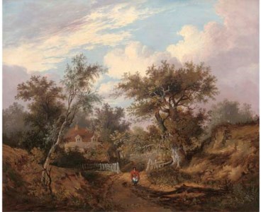Figure by a cottage in a wooded landscape