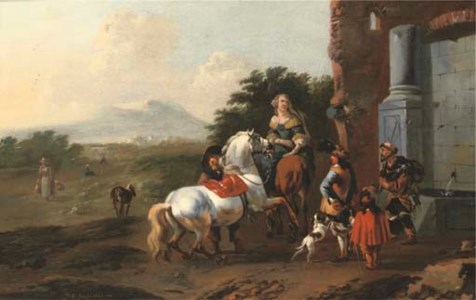 Riders resting by a fountain with a mendicant and dogs, figures on a path and mountains beyond