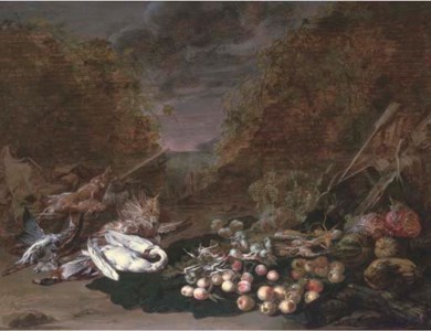 A swan, a mallard, a bittern, rabbits and fruits and vegetables, a landscape beyond