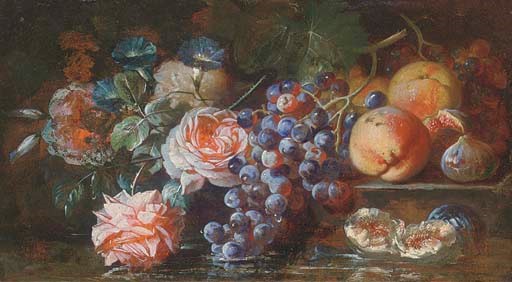 Grapes on the vine, figs, peaches, roses and morning glory resting on a stone ledge before a pool of water