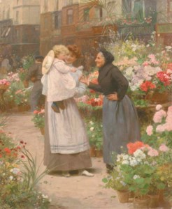A Flower Seller Offering a Flower to a Child