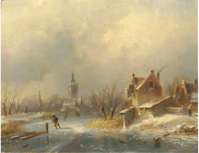Figures on a frozen waterway