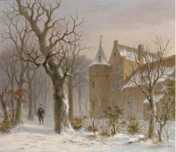 Sportsman in a snowy forest by a castle