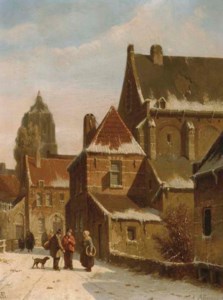 Townspeople conversing in a Dutch town in winter
