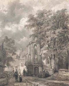 Asperen: a town view with figures by a church