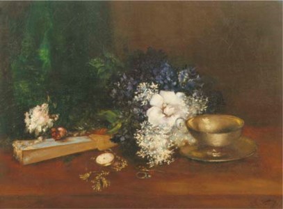 White and blue flowers, a fan and a pocketwatch