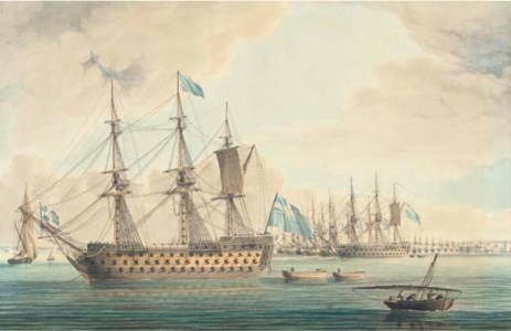 The Blockading Fleet off Cadiz in 1797, with Lord St Vincent's flagship Ville de Paris anchored in the foreground
