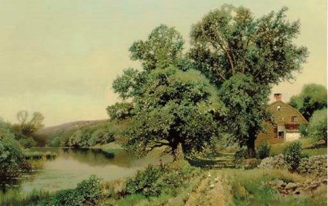 A figure fishing in a quiet river landscape