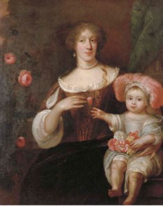 A Portrait of Mother and child, the lady three-quarter-length in a brown dress, supporting her child, who is seated on a ledge, holding flowers, and wearing a plumed cap