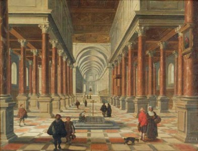 A church interior with figures