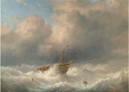 A storm at sea, a hulk and a ship