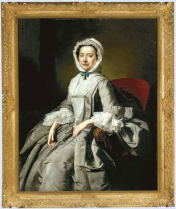 Portrait of a Lady, three-quarter length, seated in a grey silk dress and white bonnet