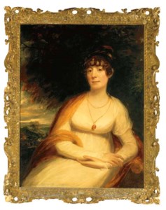 Portrait of Josephine Sophia Newton, Lady Cooper, three quarter length, in a white gown and pink shawl, a landscape beyond