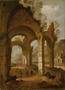 Classical ruins with travelers