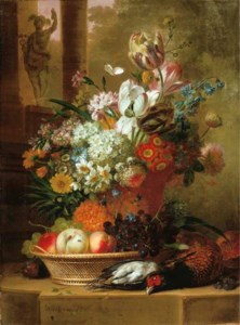 Flowers, fruit and dead game on a stone ledge with a sculpture of Mercury beyond