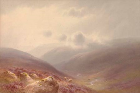 Sheep grazing on the moors below low-lying clouds (illustrated); and Dusk, on the moors
