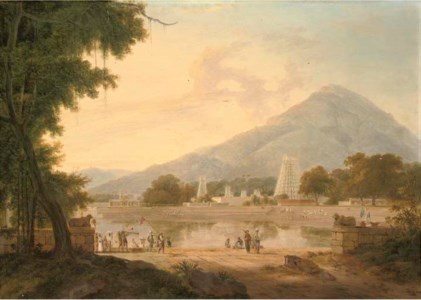 The Temple at Tirukalikundran,Tinnevelly District, with a procession in the foreground and temples and mountains beyond
